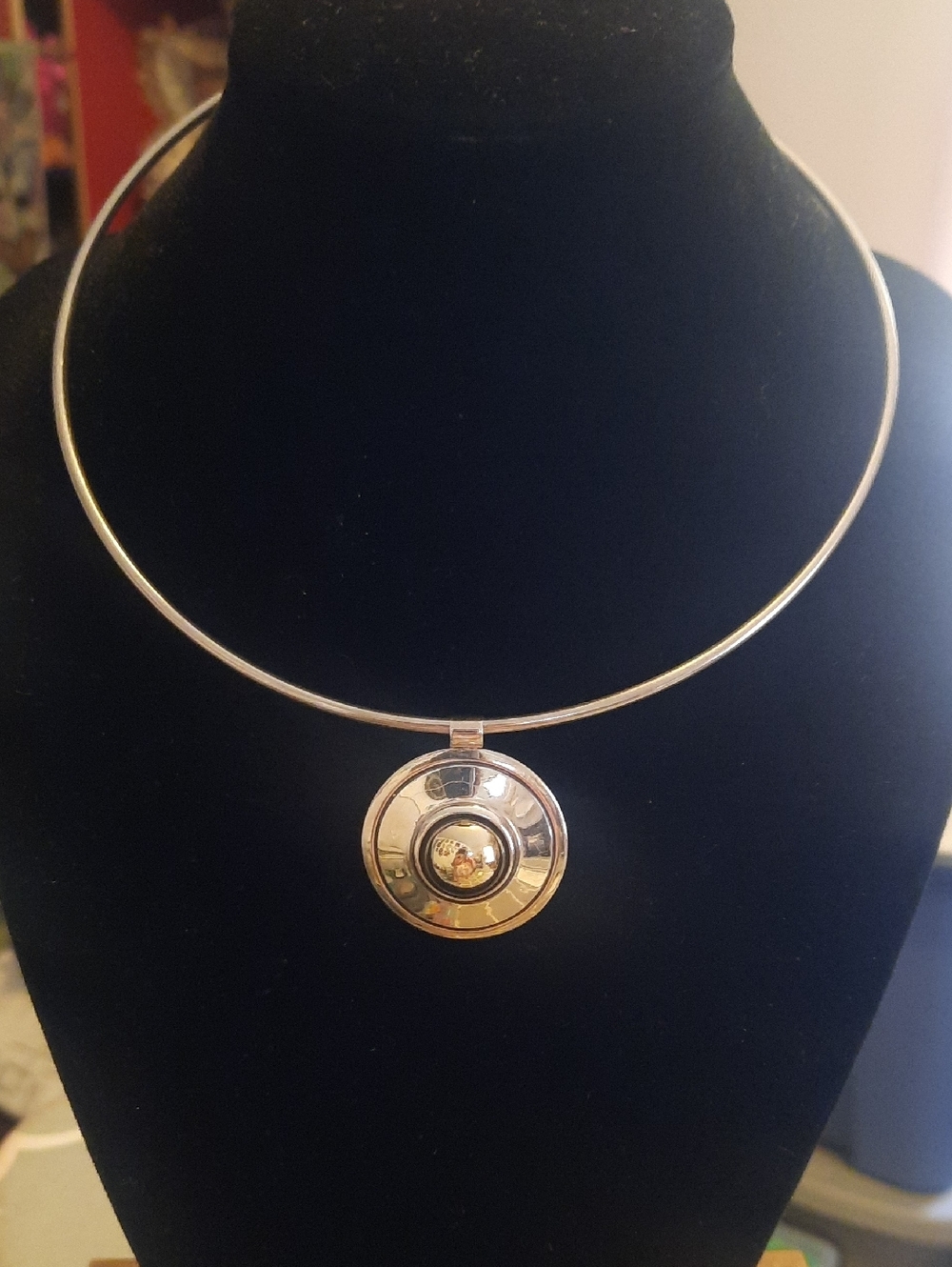 Taxco Silver And 14k Neck Cuff And Pendant.